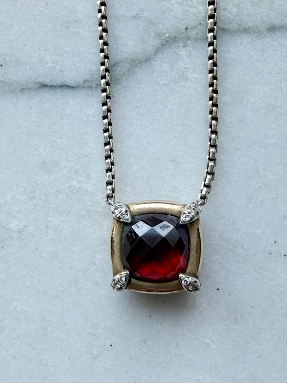 David Yurman Sterling 18K Gold Petite Chatelaine Garnet Diamond Necklace